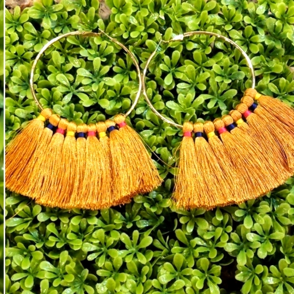 BIG GOLD TASSEL HOOP EARRINGS 5 Inch Hoop‎ - Picture 1 of 6
